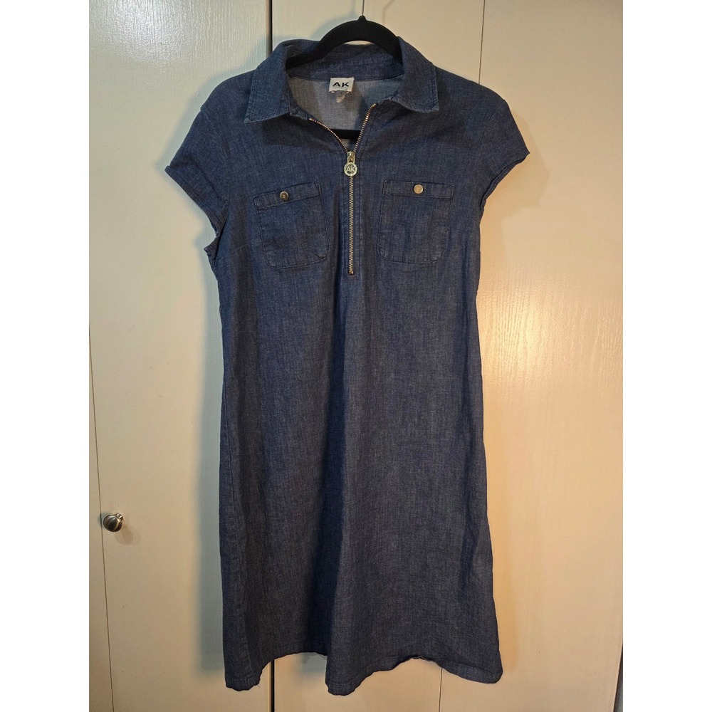 Anne Klein Denim Shift Dress Blue Half Zip Collared Womens 4 preppy granola - Picture 3 of 11